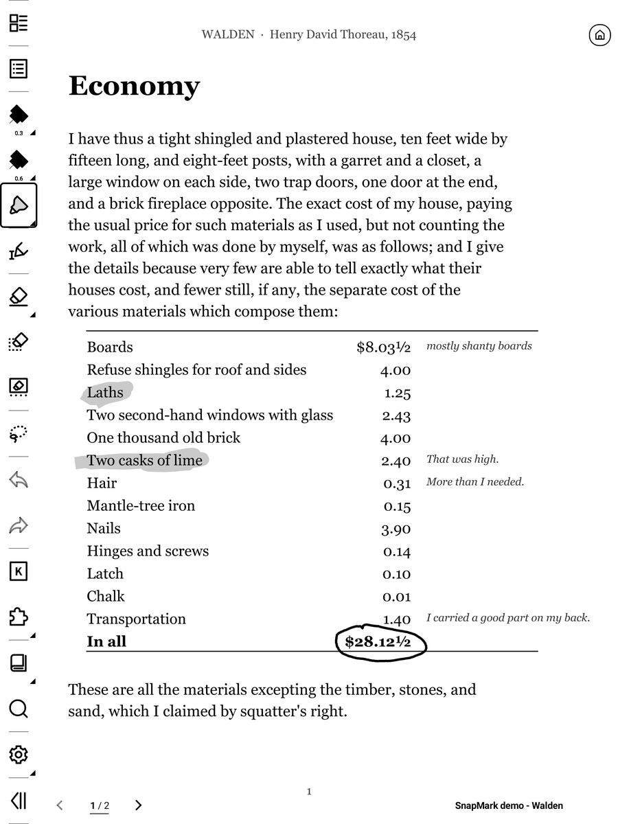 A PDF page in Supernote with handwritten highlights and a circled total.