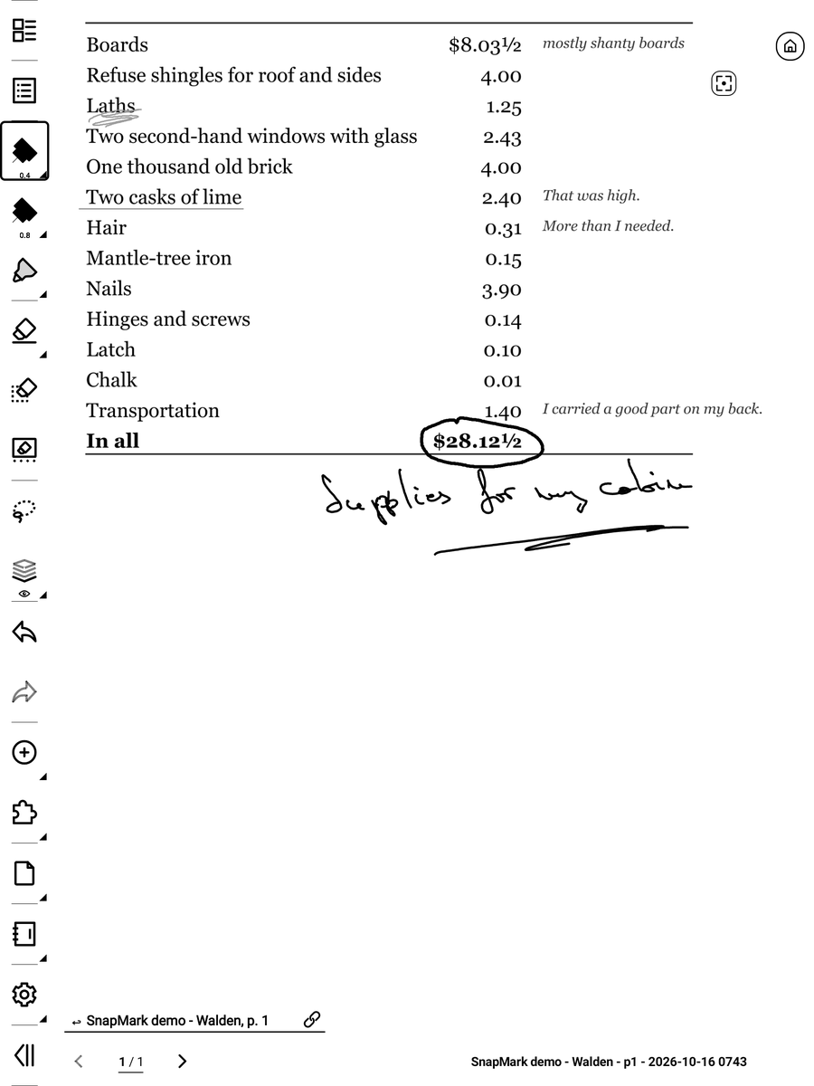 The new note with the table at the top and handwriting below it.